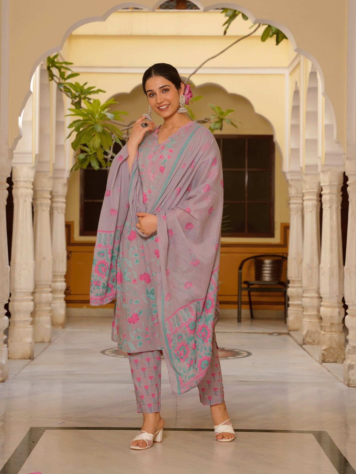 Cotton Voile Floral Grey Dupatta