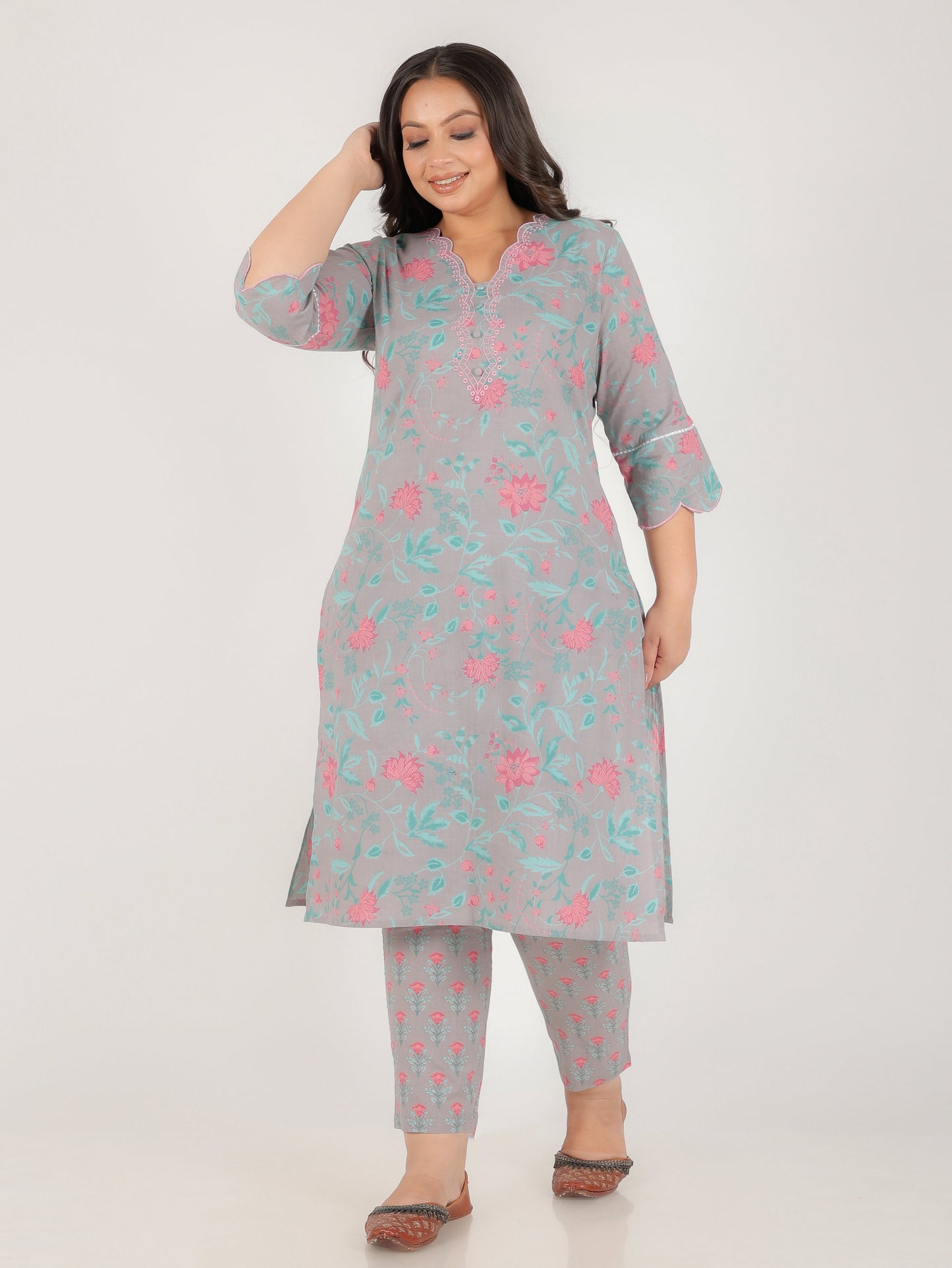 Embroidered Soft Cotton Floral Straight Grey Kurta