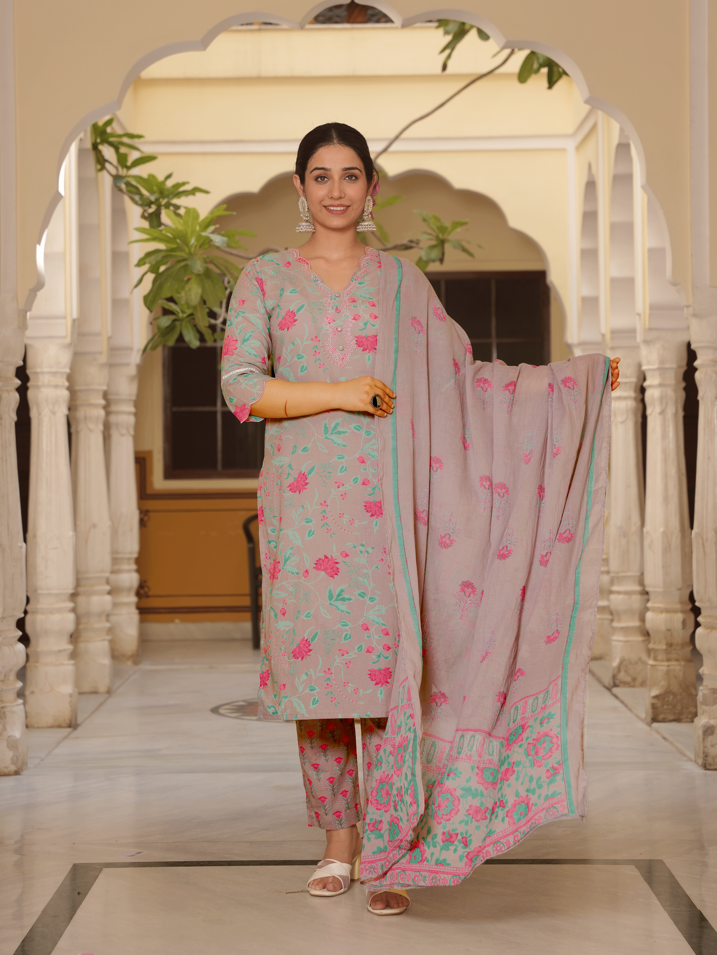 Embroidered Soft Cotton Floral Straight Grey Kurta