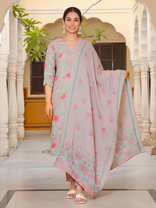 Embroidered Soft Cotton Floral Straight Grey Kurta