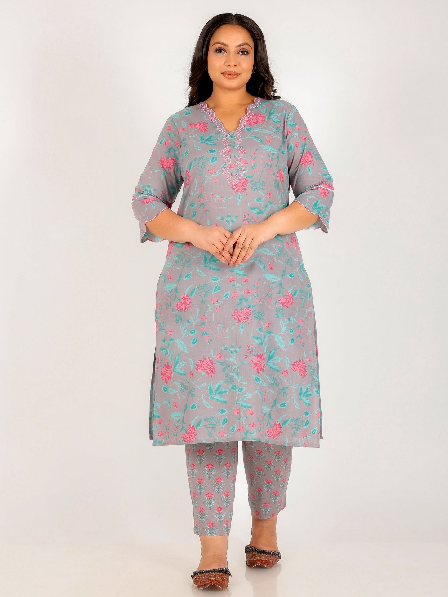 Embroidered Soft Cotton Floral Straight Grey Kurta