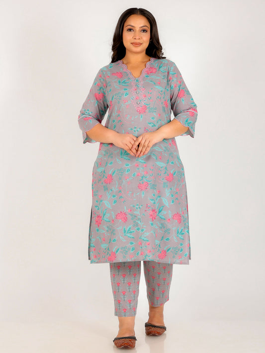 Embroidered Soft Cotton Floral Straight Grey Kurta