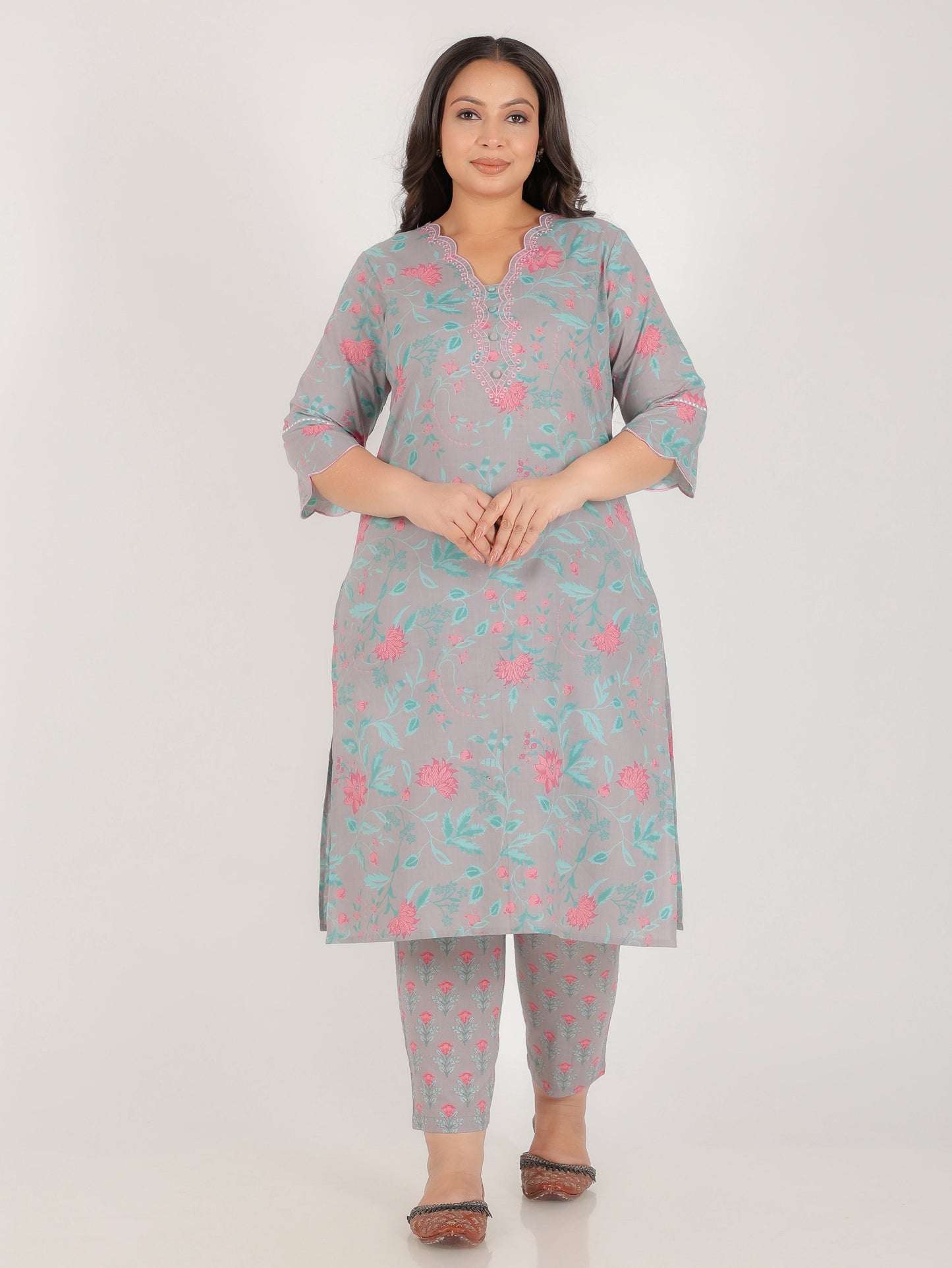 Embroidered Soft Cotton Floral Straight Grey Kurta