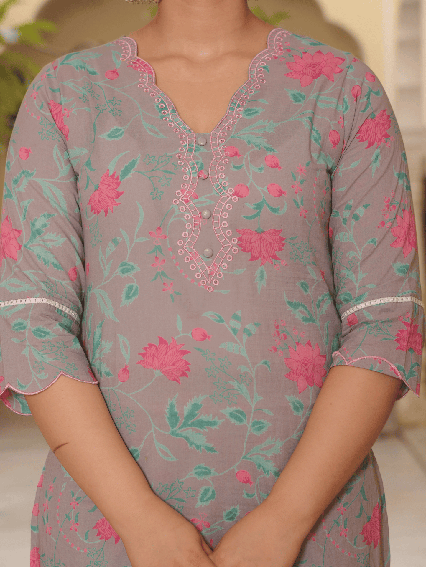 Embroidered Soft Cotton Floral Straight Grey Kurta