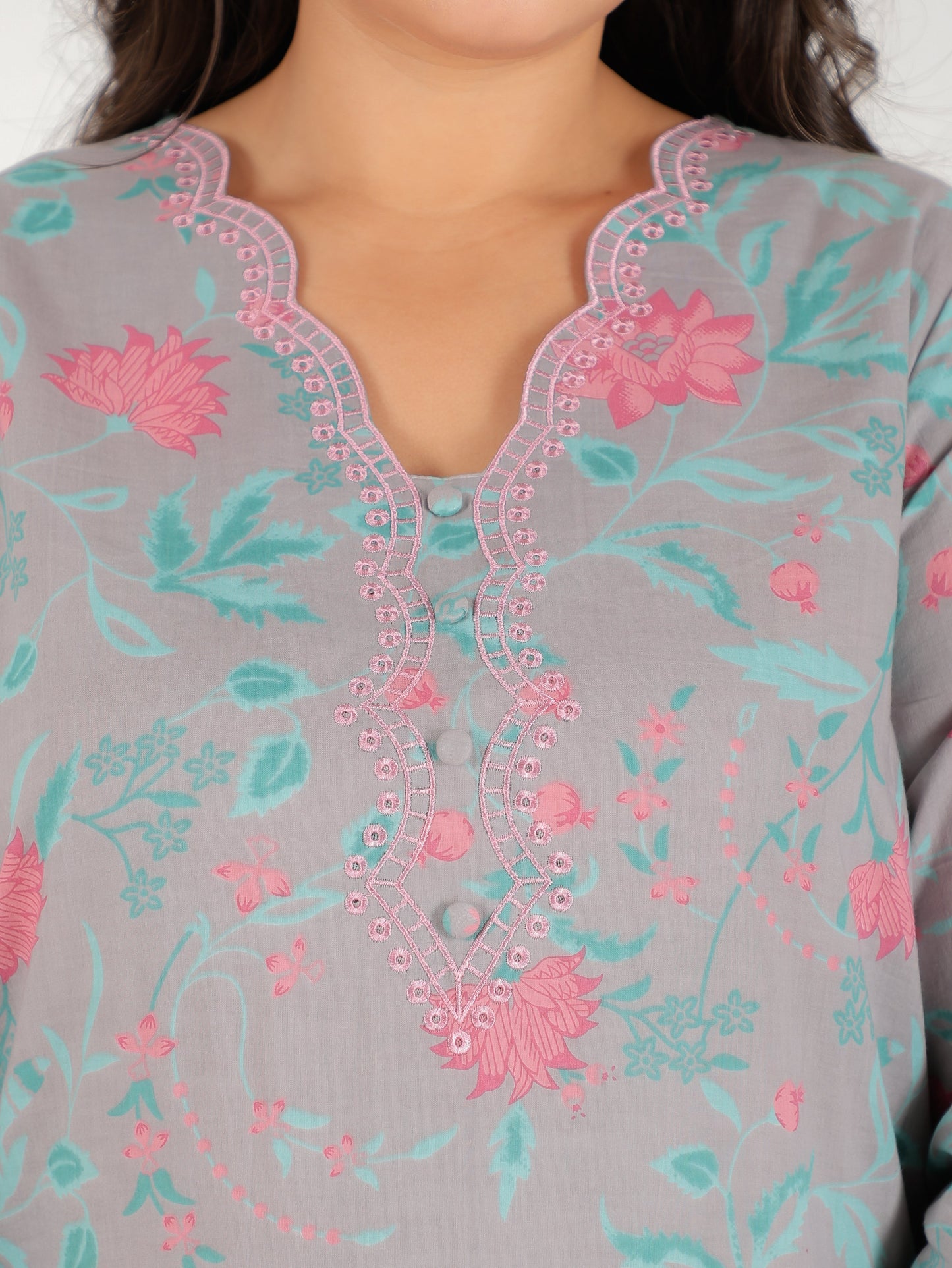Embroidered Soft Cotton Floral Straight Grey Kurta