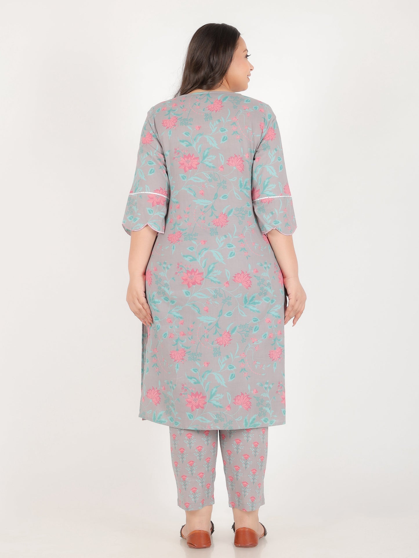 Embroidered Soft Cotton Floral Straight Grey Kurta