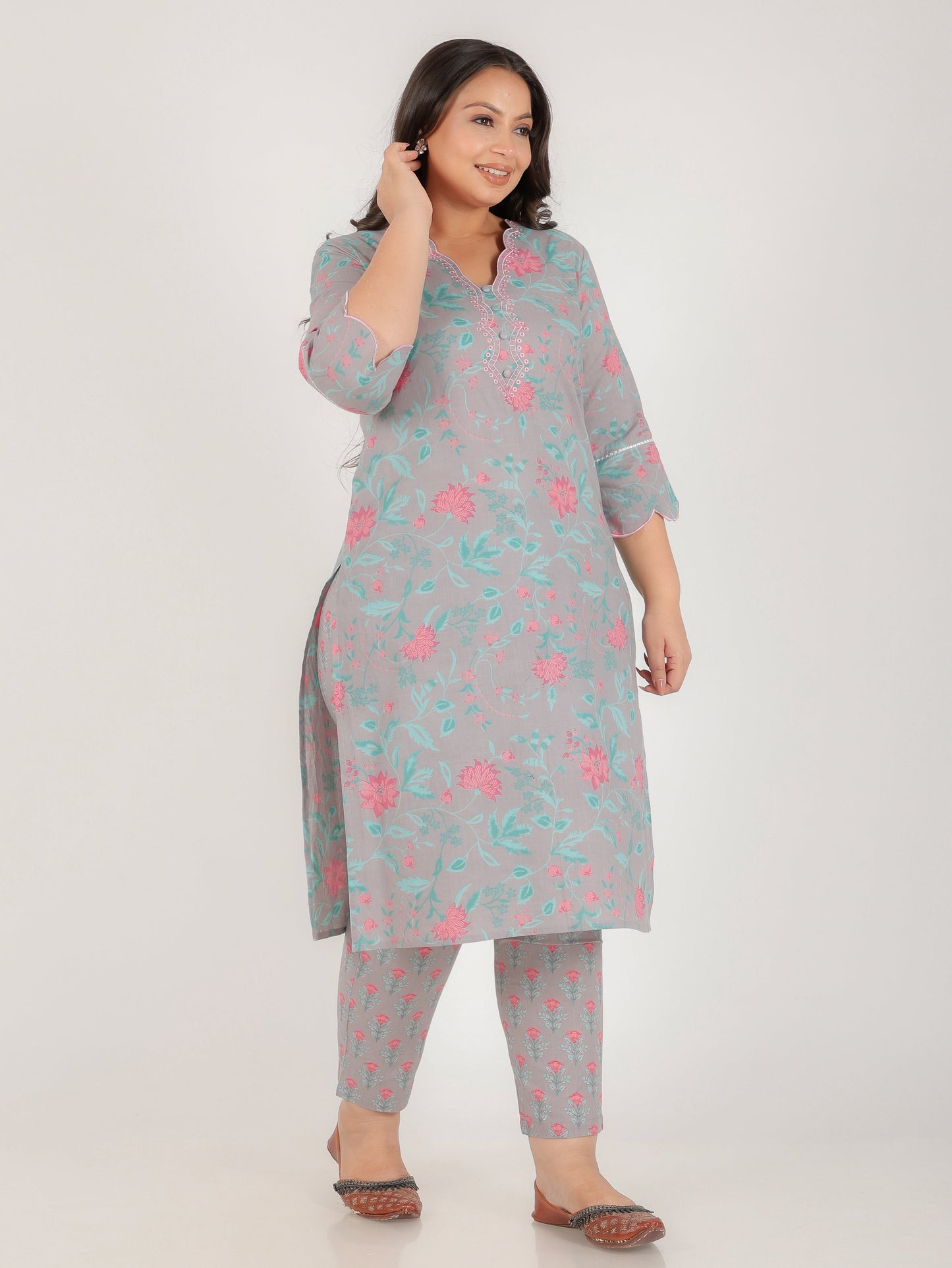Embroidered Soft Cotton Floral Straight Grey Kurta