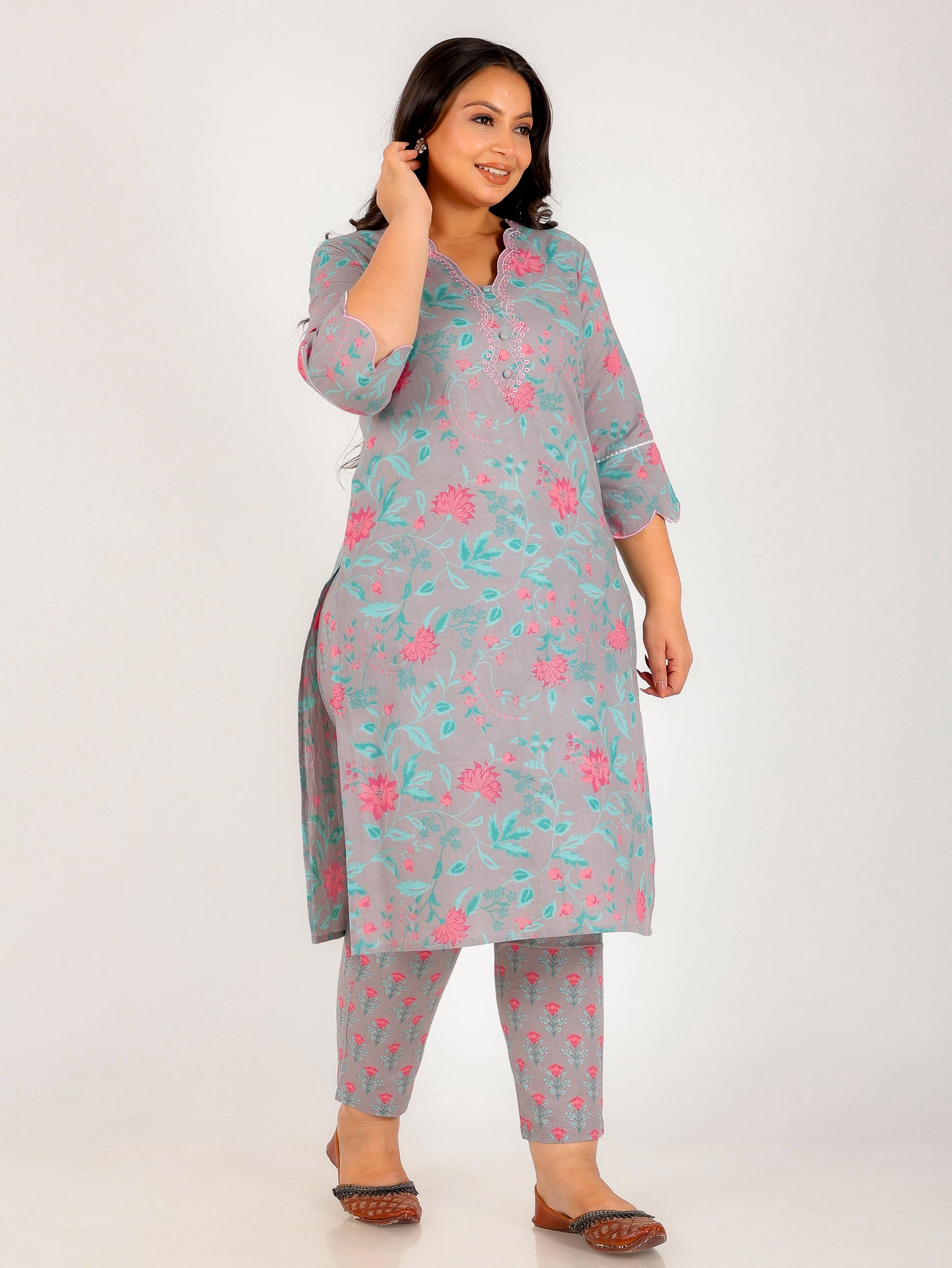 Embroidered Soft Cotton Floral Straight Grey Kurta