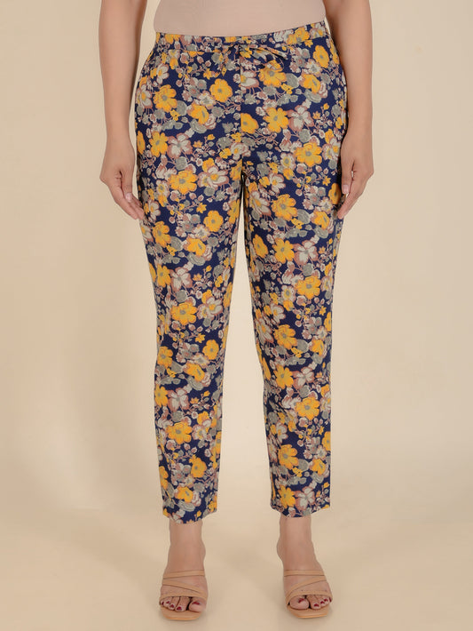 Soft Cotton Floral Yellow Tapered Trousers