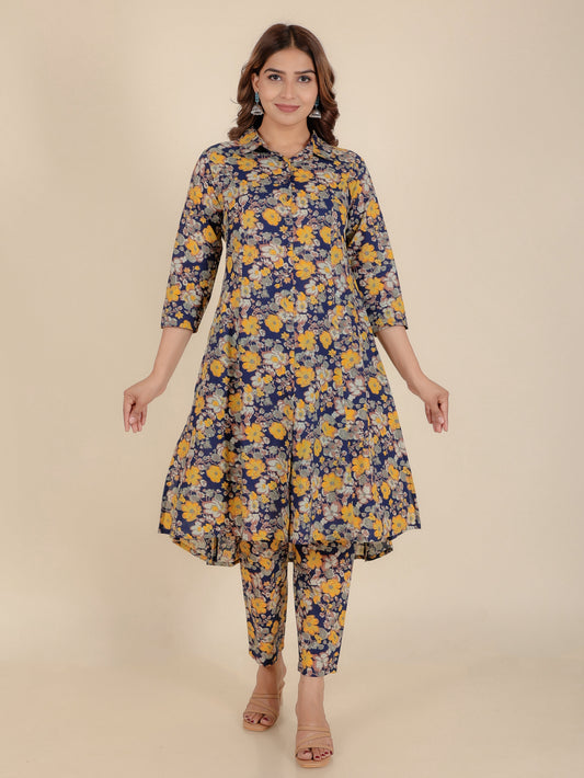 Soft Cotton Floral High Low Yellow Kurta