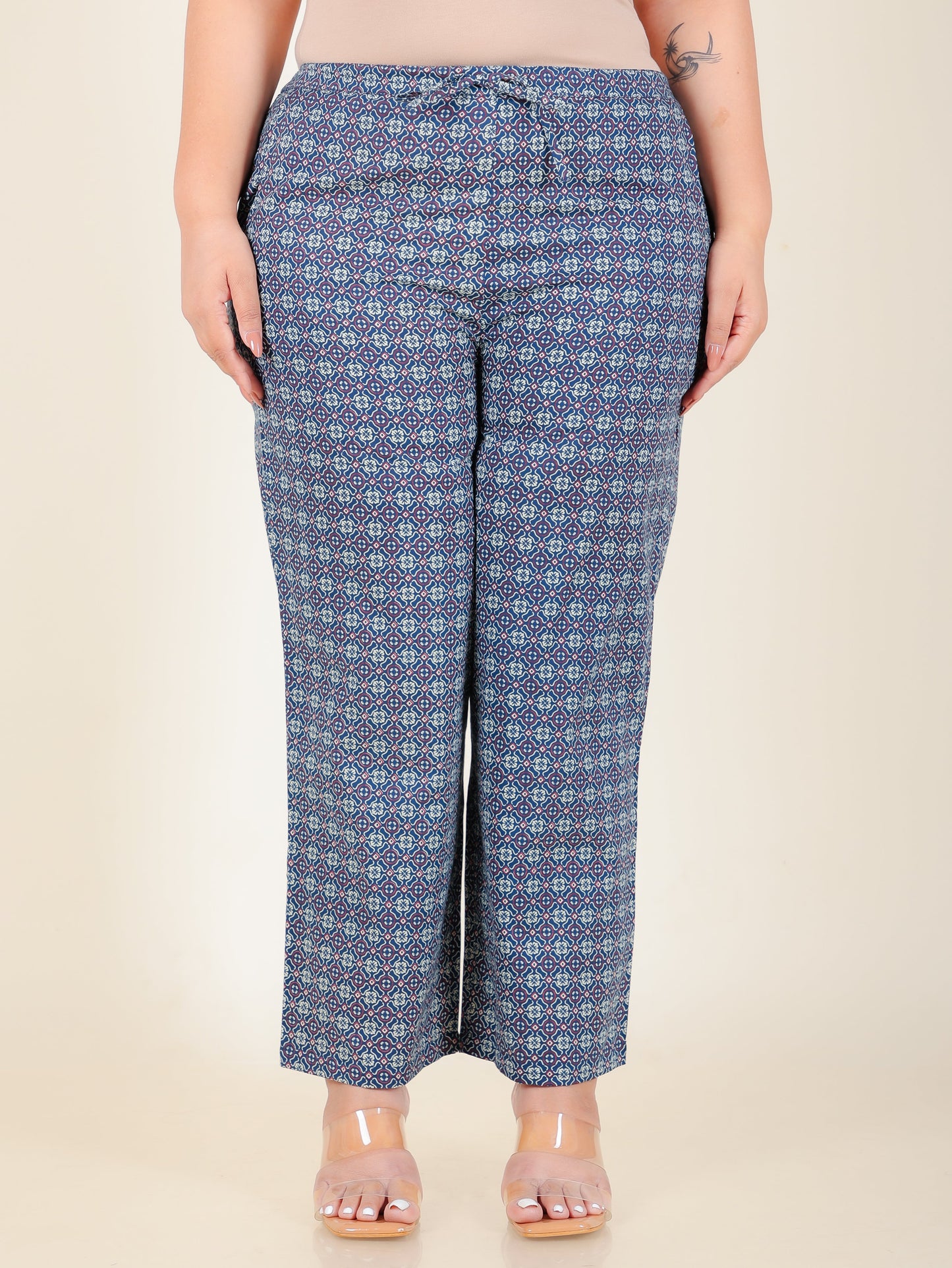 Soft Cotton Geometric Blue Straight Trousers