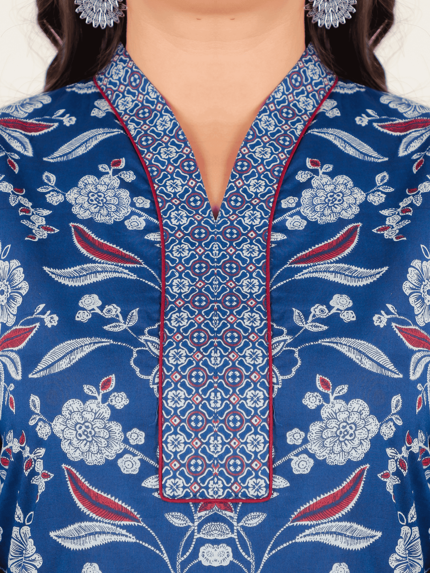 Soft Cotton Floral Straight Blue Kurta