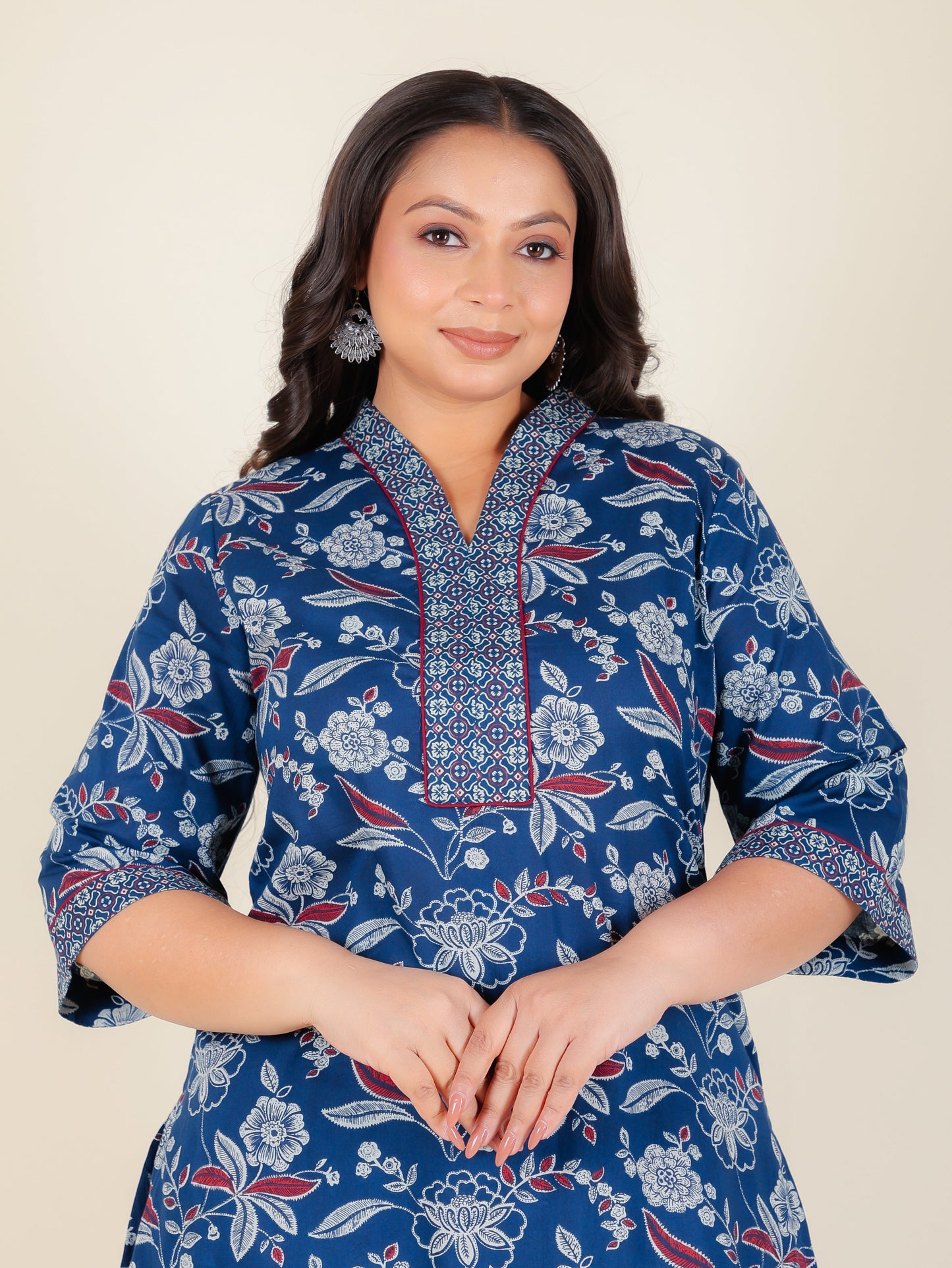 Soft Cotton Floral Straight Blue Kurta