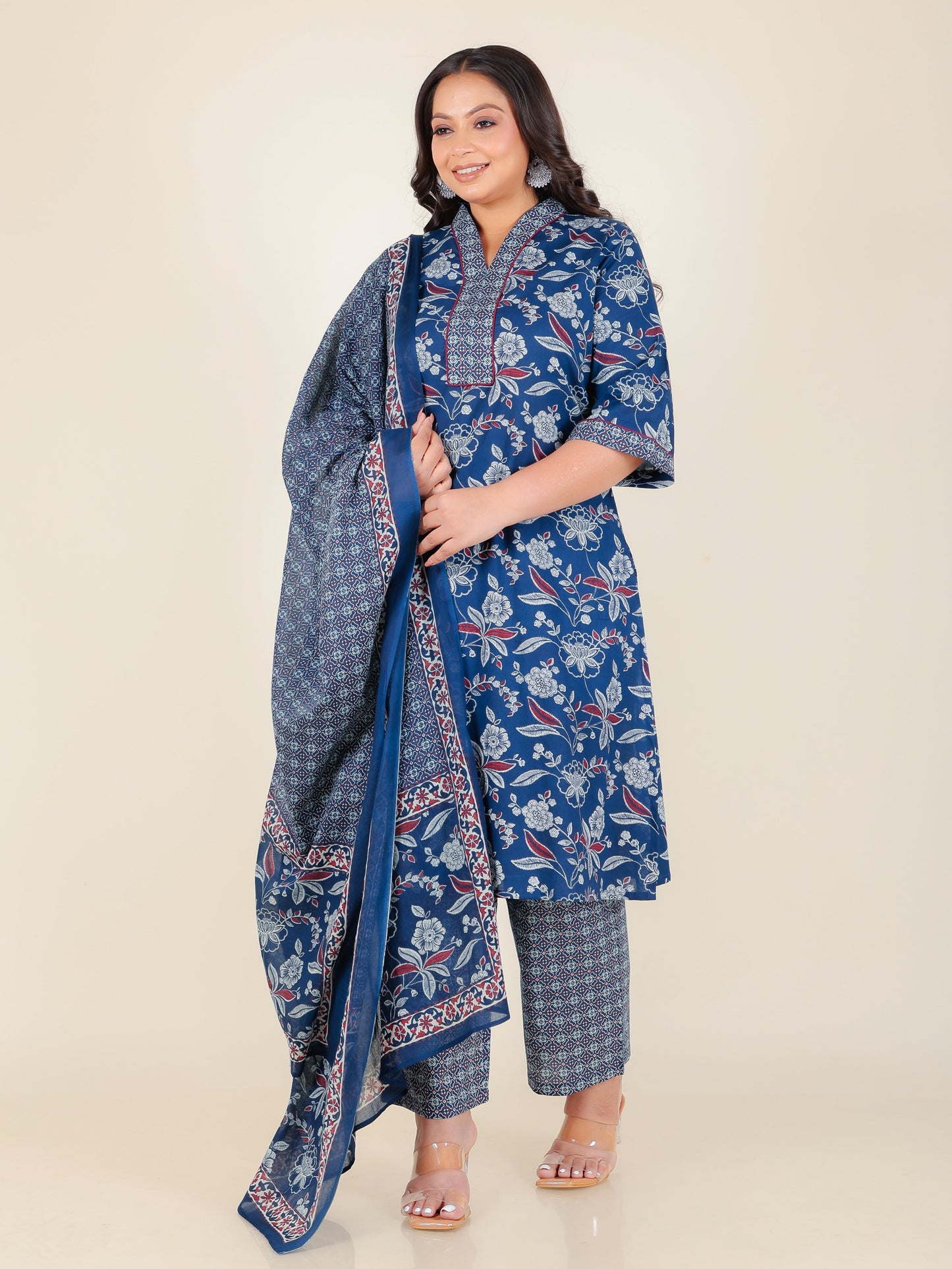 Soft Cotton Floral Straight Blue Kurta