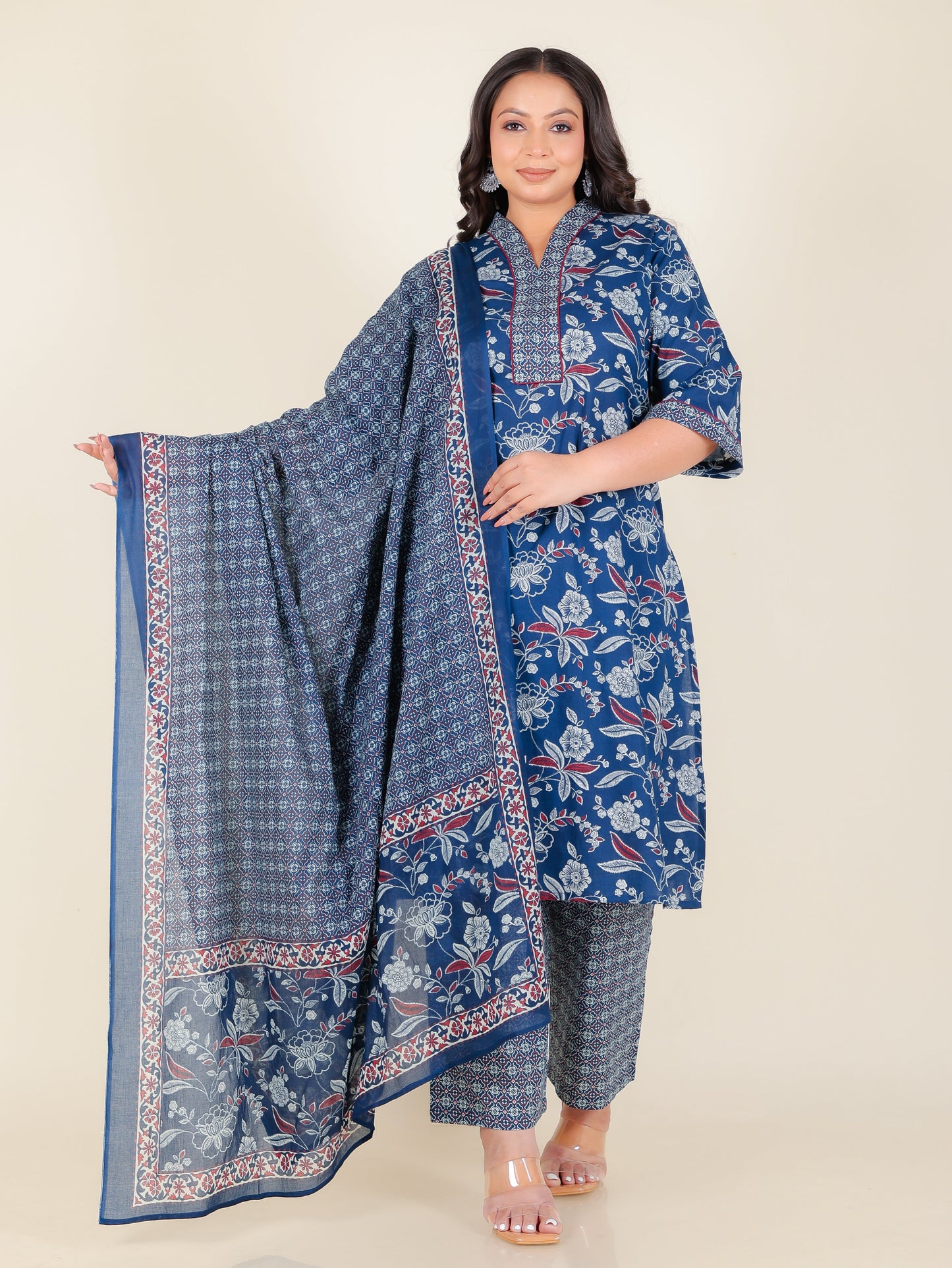 Soft Cotton Floral Straight Blue Kurta