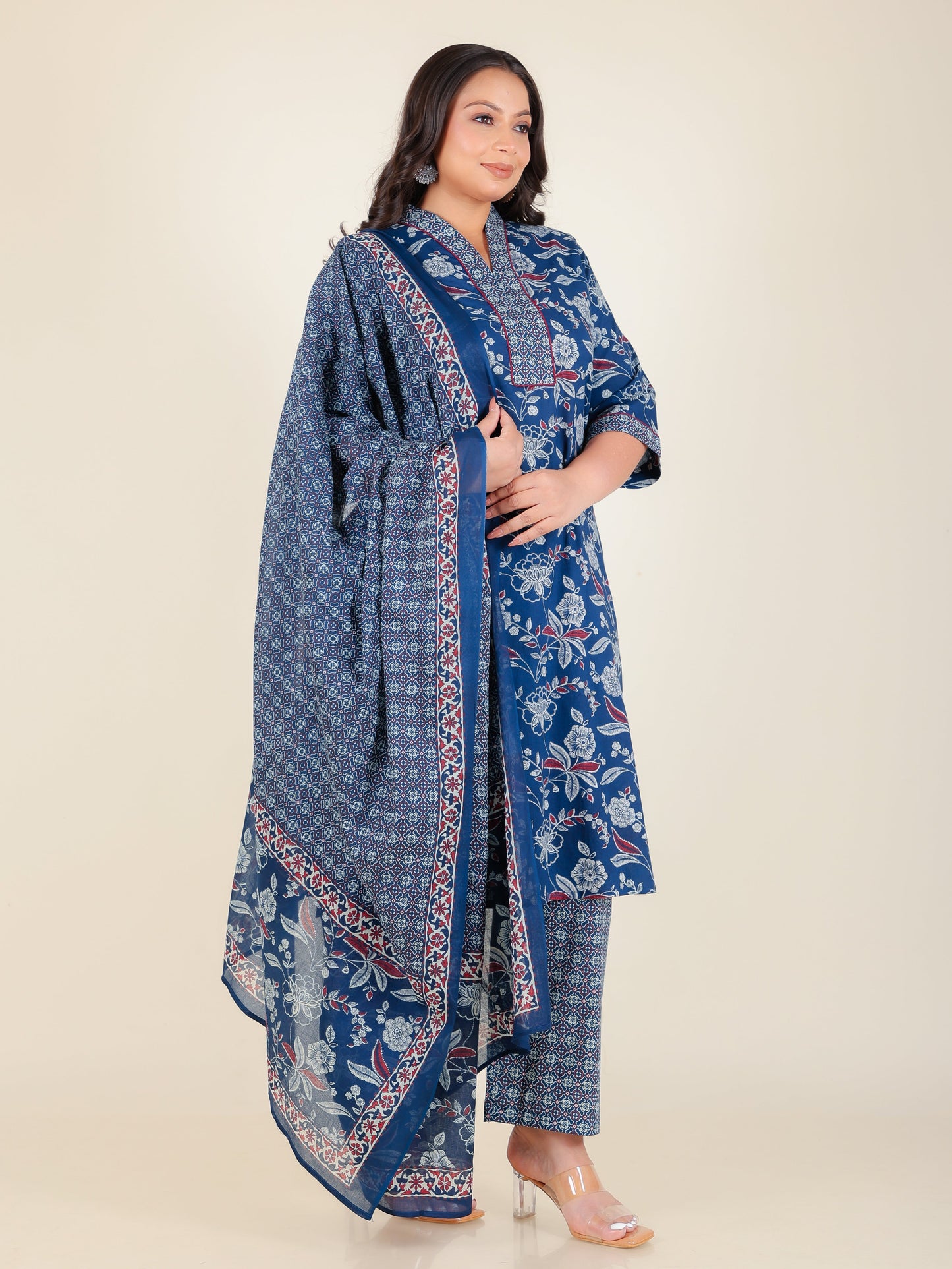 Soft Cotton Floral Straight Blue Kurta