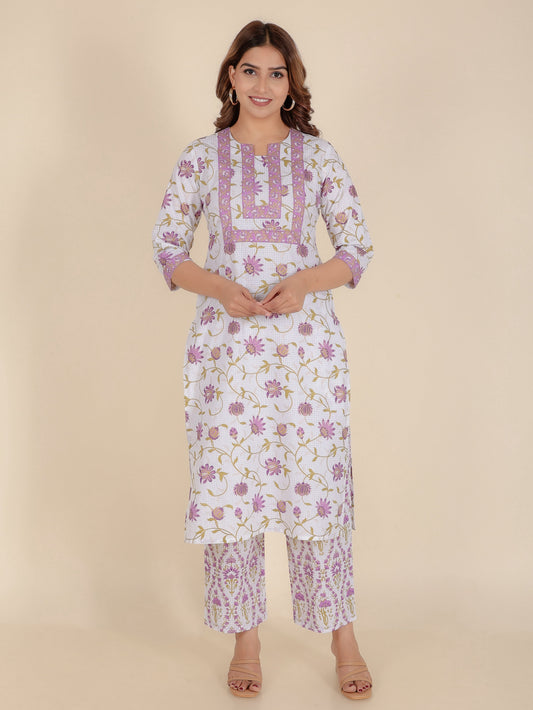 Soft Cotton Floral Straight Purple Kurta