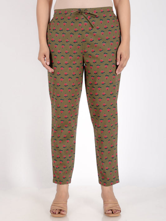 Soft Cotton Floral Green Tapered Trousers