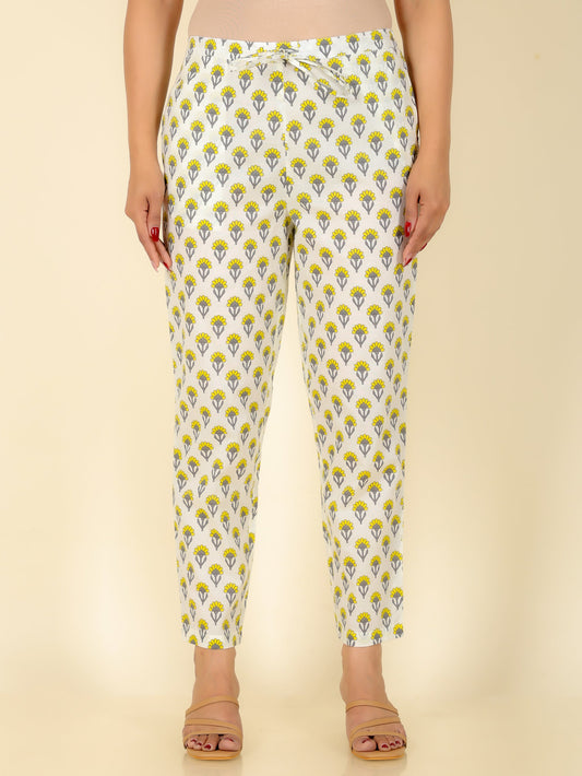 Soft Cotton Floral White Tapered Tapered Trousers