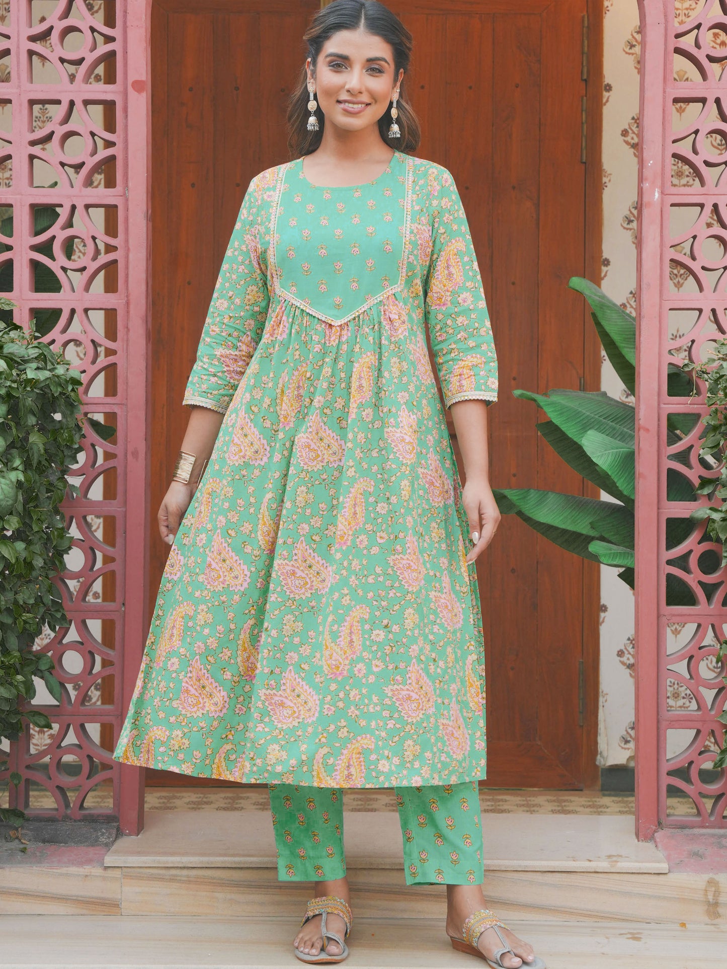 Soft Cotton Paisley Flared Mint Green Kurta