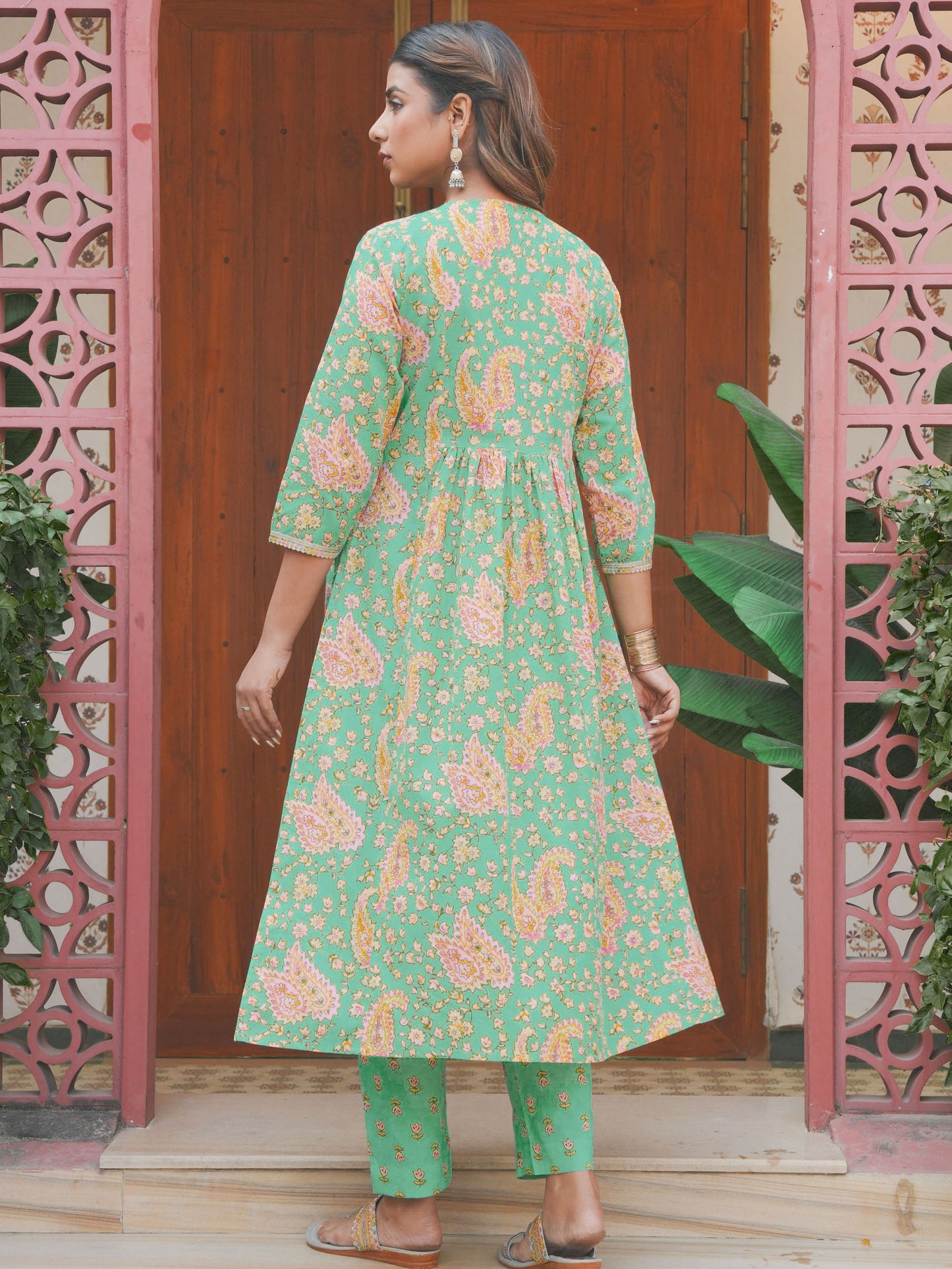 Soft Cotton Paisley Flared Mint Green Kurta