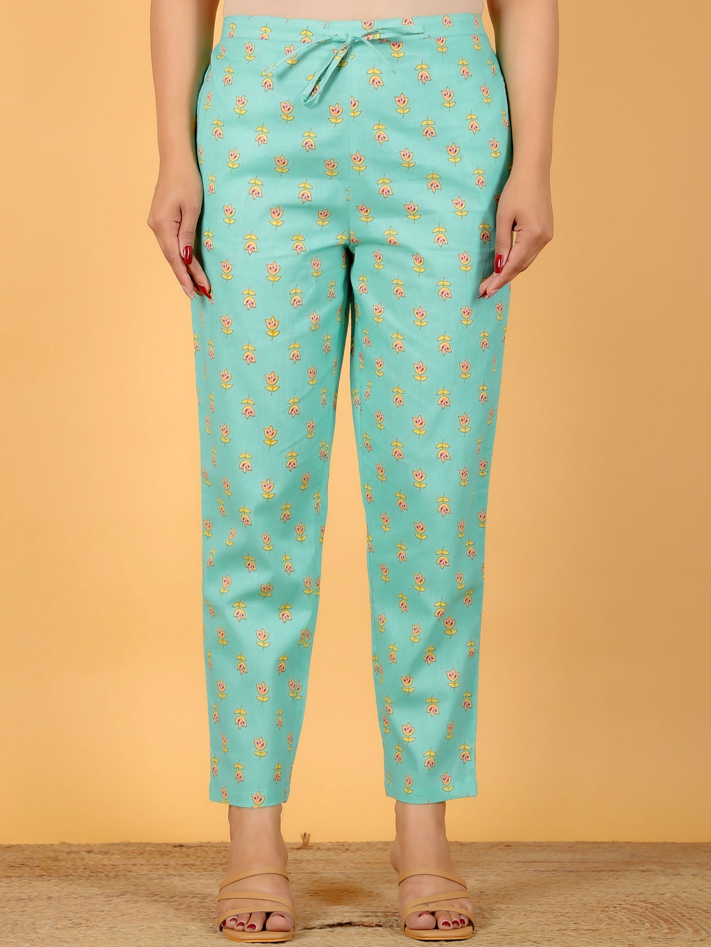 Soft Cotton Floral Mint Green Tapered Trousers