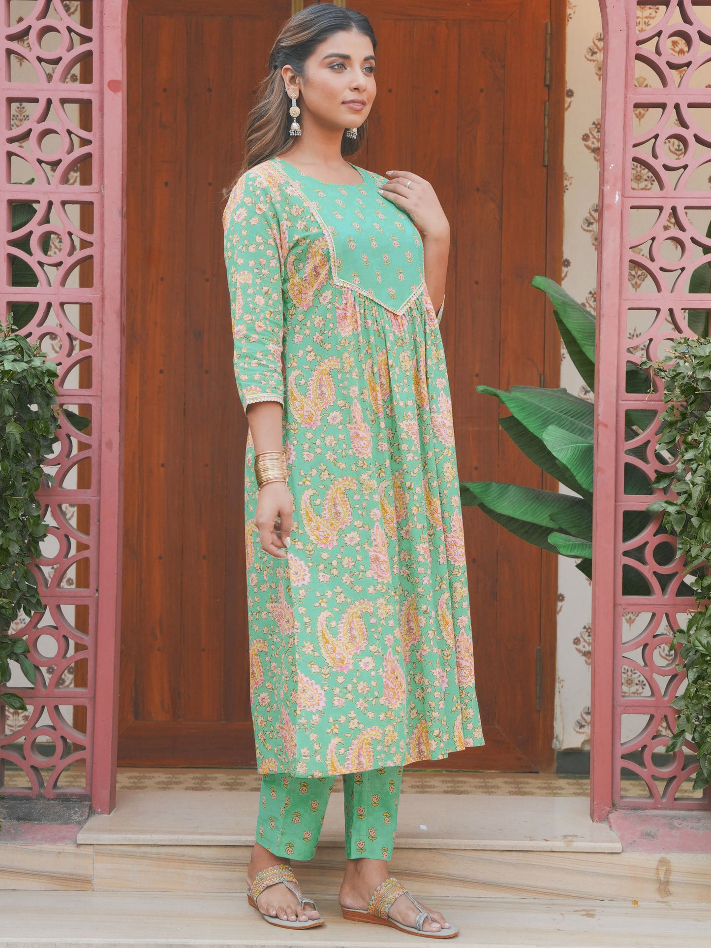 Soft Cotton Paisley Flared Mint Green Kurta