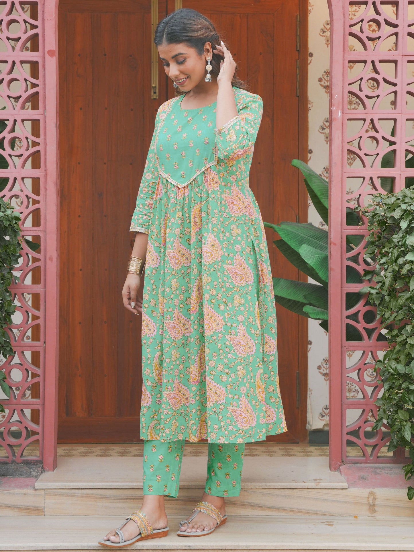 Soft Cotton Paisley Flared Mint Green Kurta