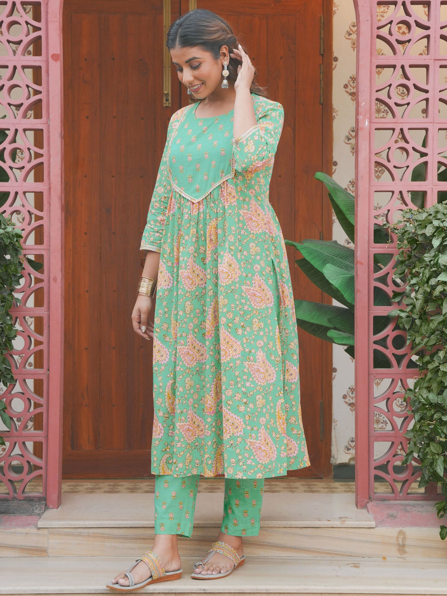 Soft Cotton Paisley Flared Mint Green Kurta