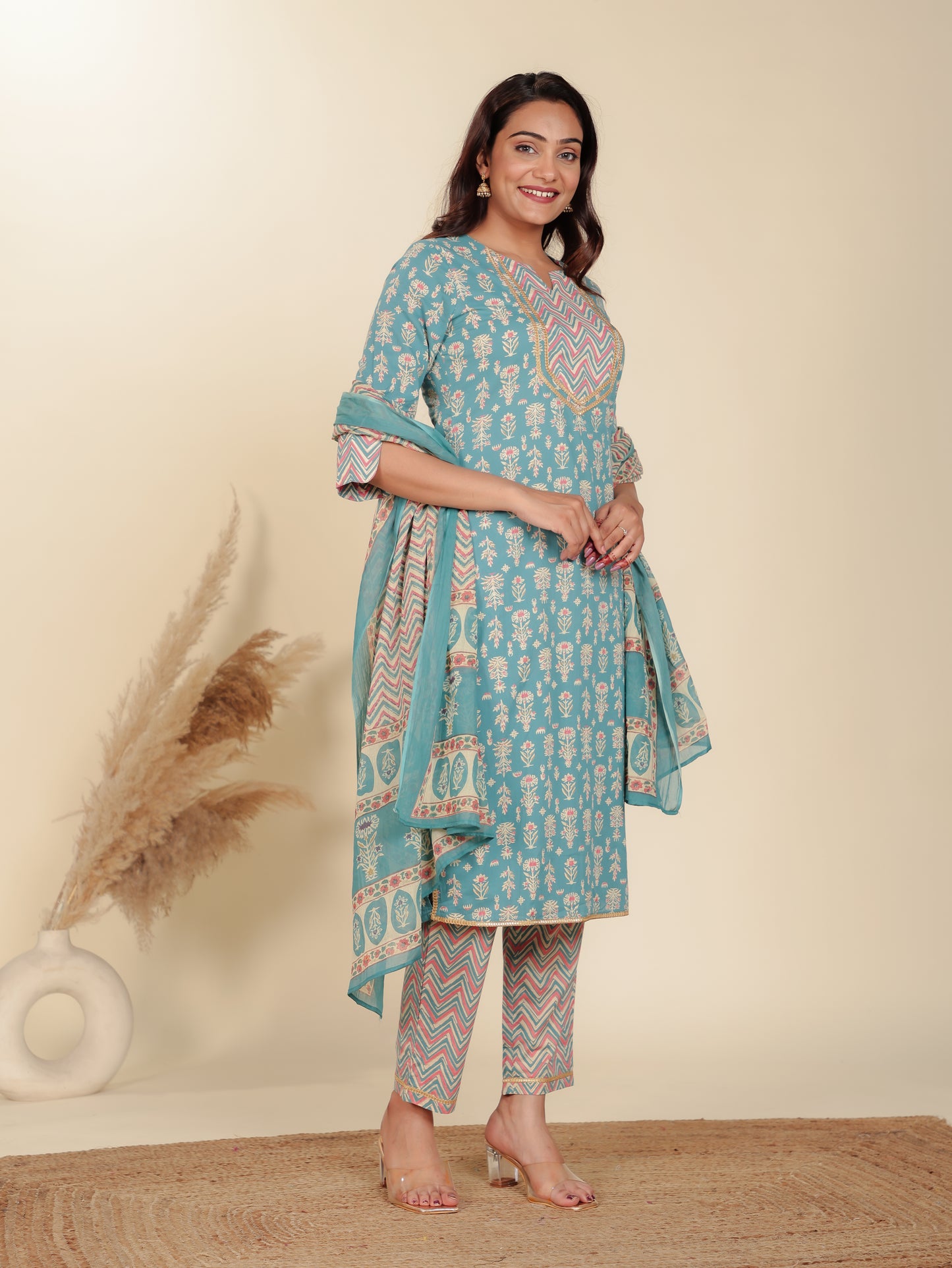 Voile Cotton Geometric Cream Dupatta