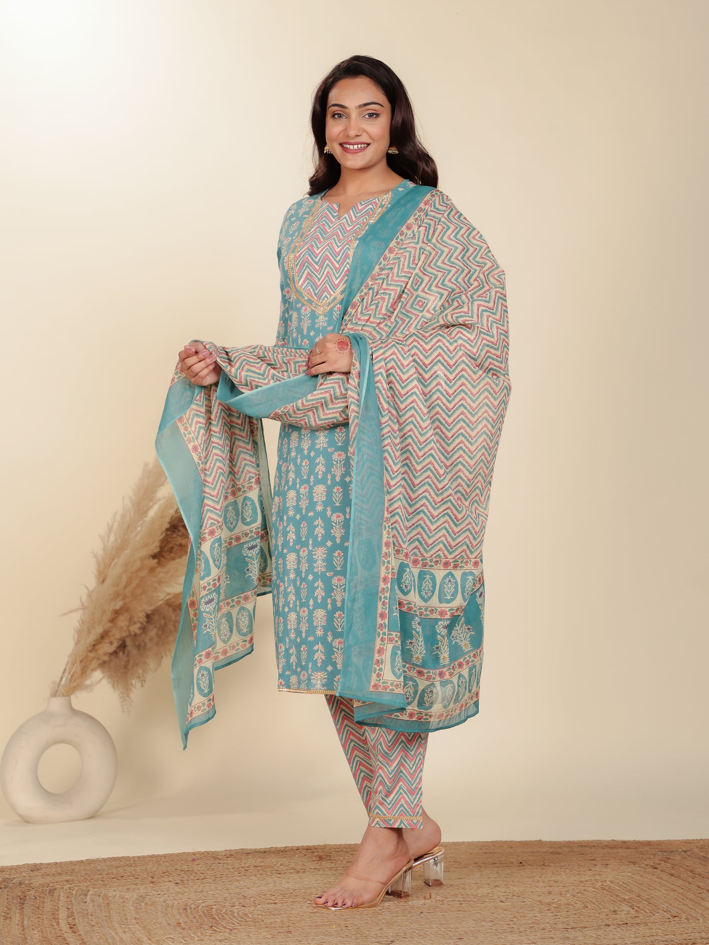 Voile Cotton Geometric Cream Dupatta