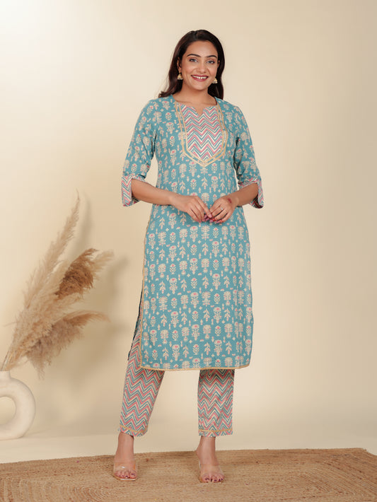 Soft Cotton Floral Straight Green Kurta