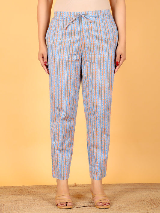Soft Cotton Striped Blue Tapered Trousers