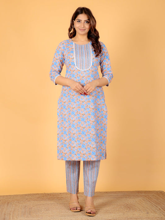 Soft Cotton Floral Straight Orange Kurta