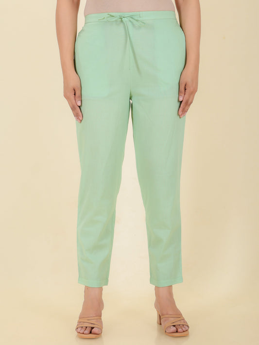 Soft Cotton Solid Green Tapered Trousers