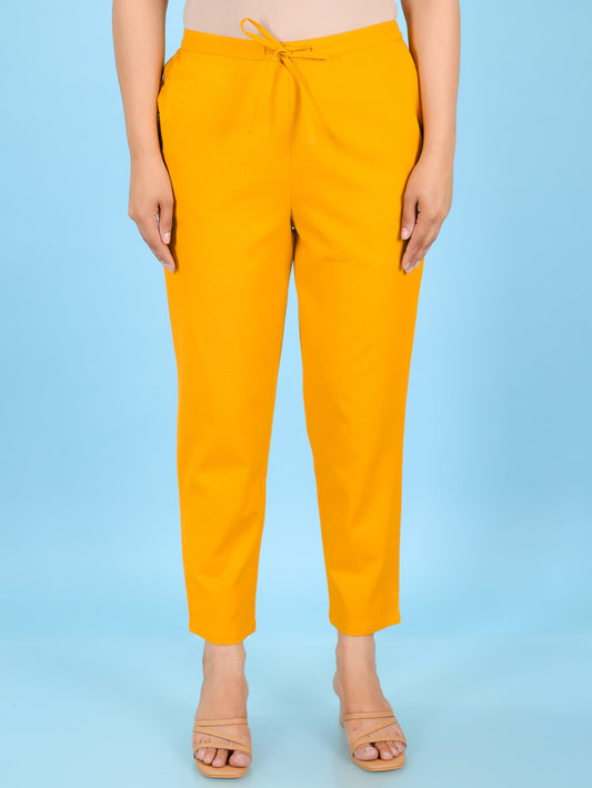 Linen Cotton Solid Yellow Tapered Trousers
