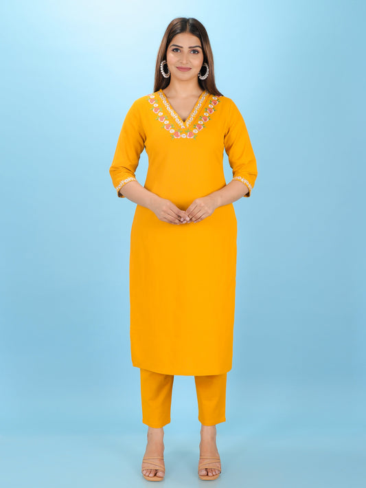 Linen Cotton Solid Straight Yellow Kurta