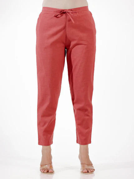 Natural Cotton Solid Maroon Tapered Trousers