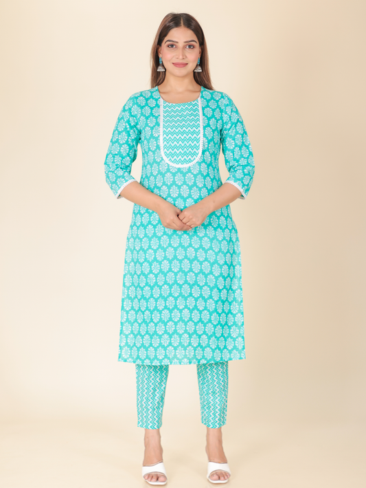 Soft Cotton Floral Straight Green Kurta