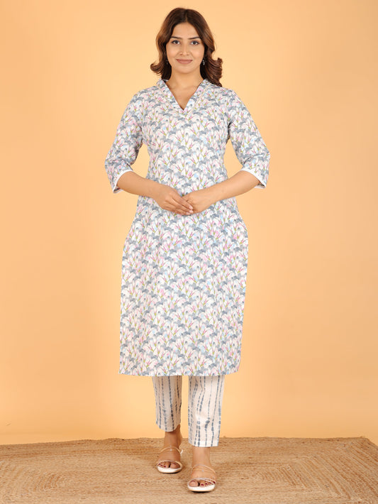 Soft Cotton Floral Straight Grey Kurta
