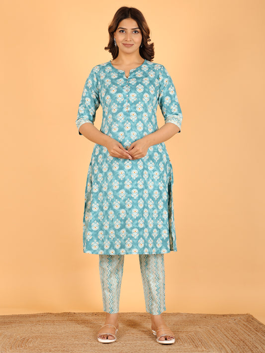 Soft Cotton Floral A-line Green Kurta