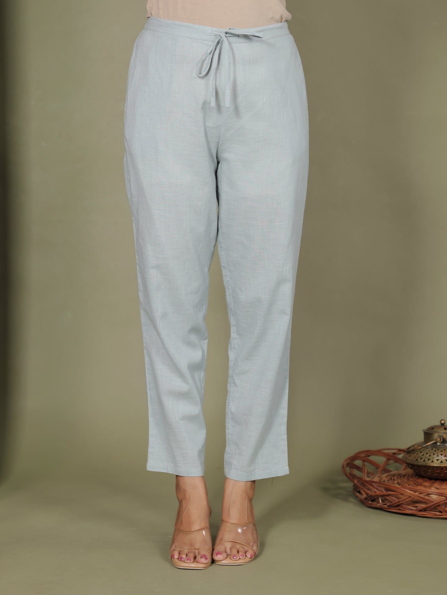 Natural Cotton Solid Grey Tapered Trousers
