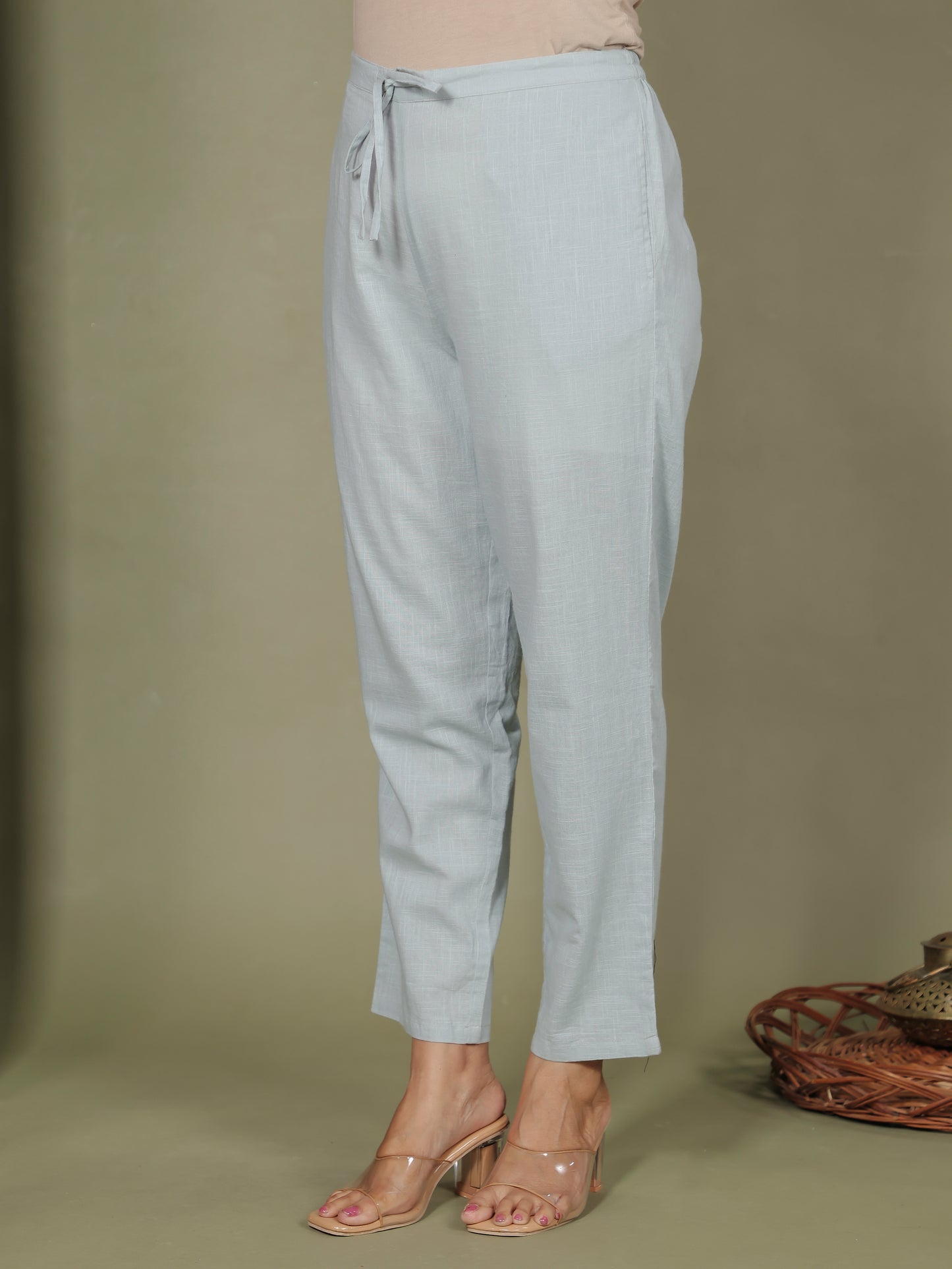 Natural Cotton Solid Grey Tapered Trousers