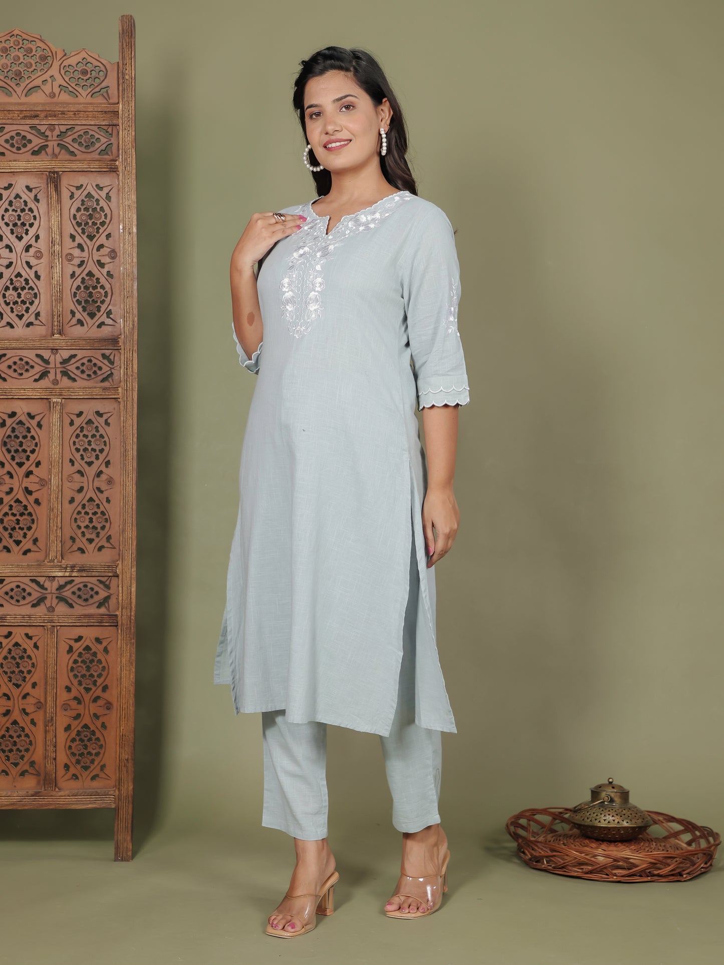 Natural Cotton Solid A-line Grey Kurta
