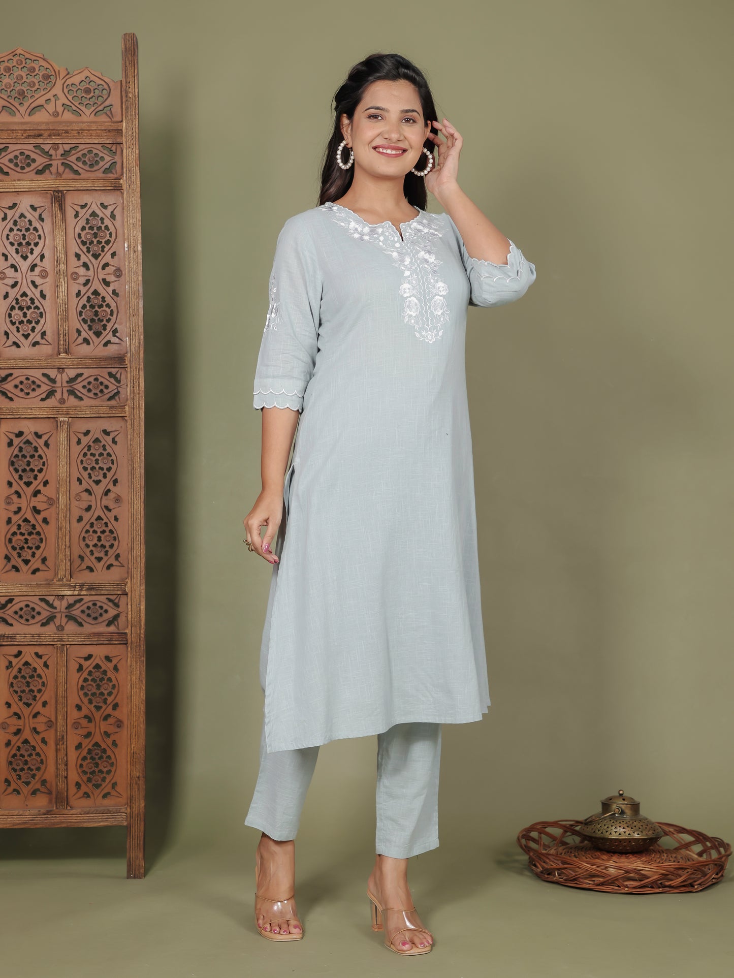 Natural Cotton Solid A-line Grey Kurta