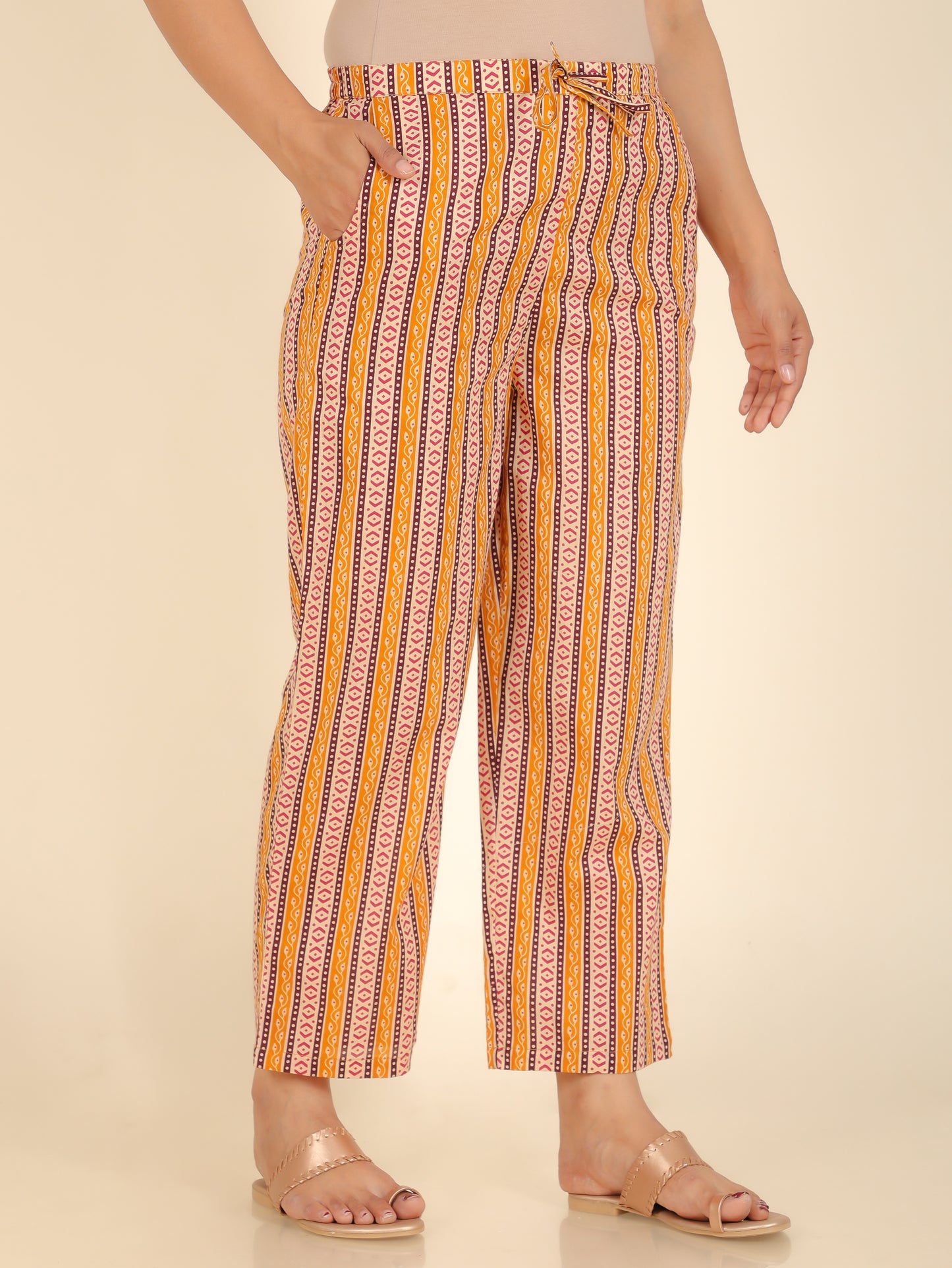 Soft Cotton Striped Yellow Straight Trousers