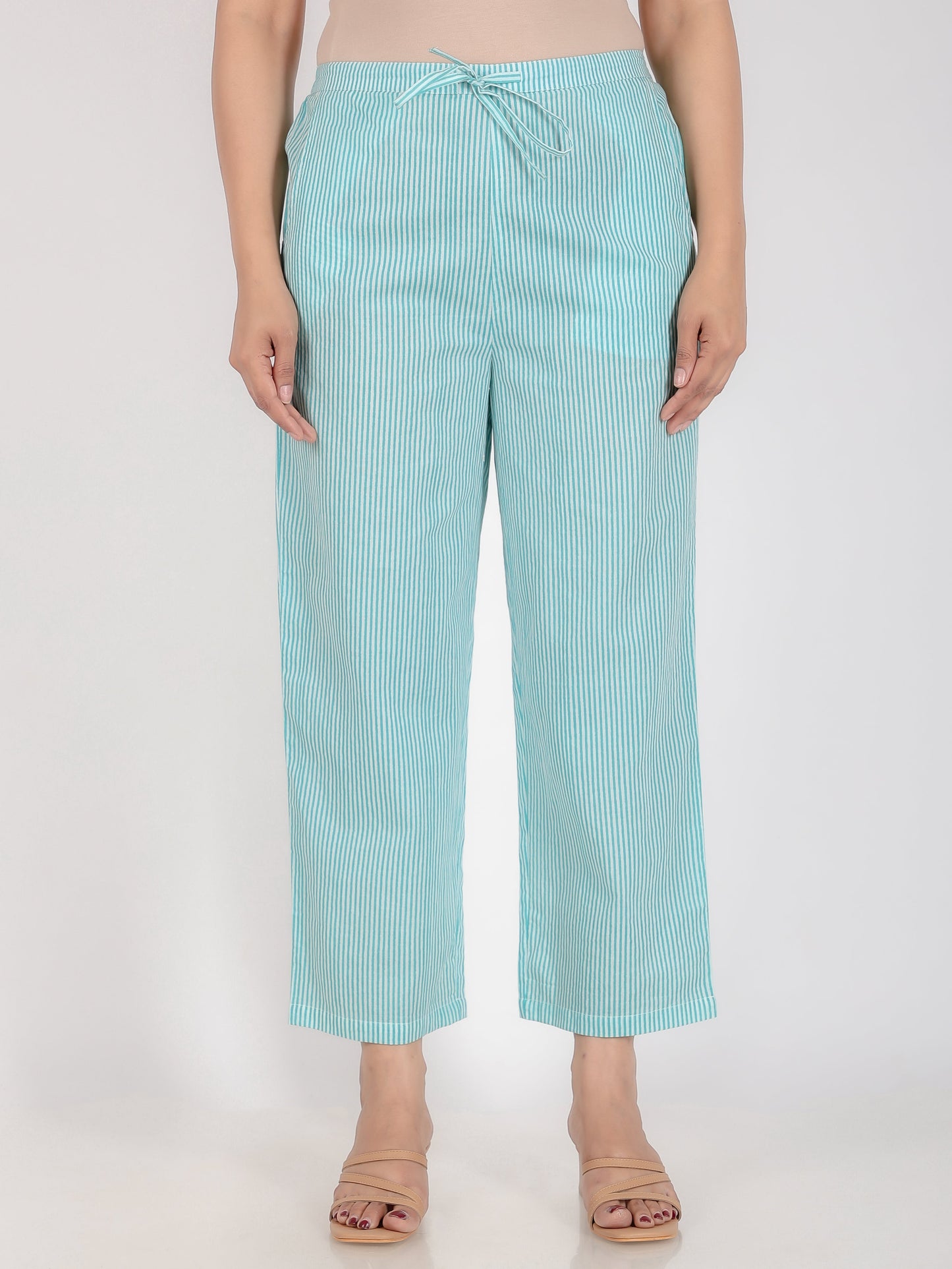 Soft Cotton Striped Green Straight Trousers