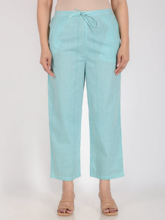 Soft Cotton Striped Green Straight Trousers