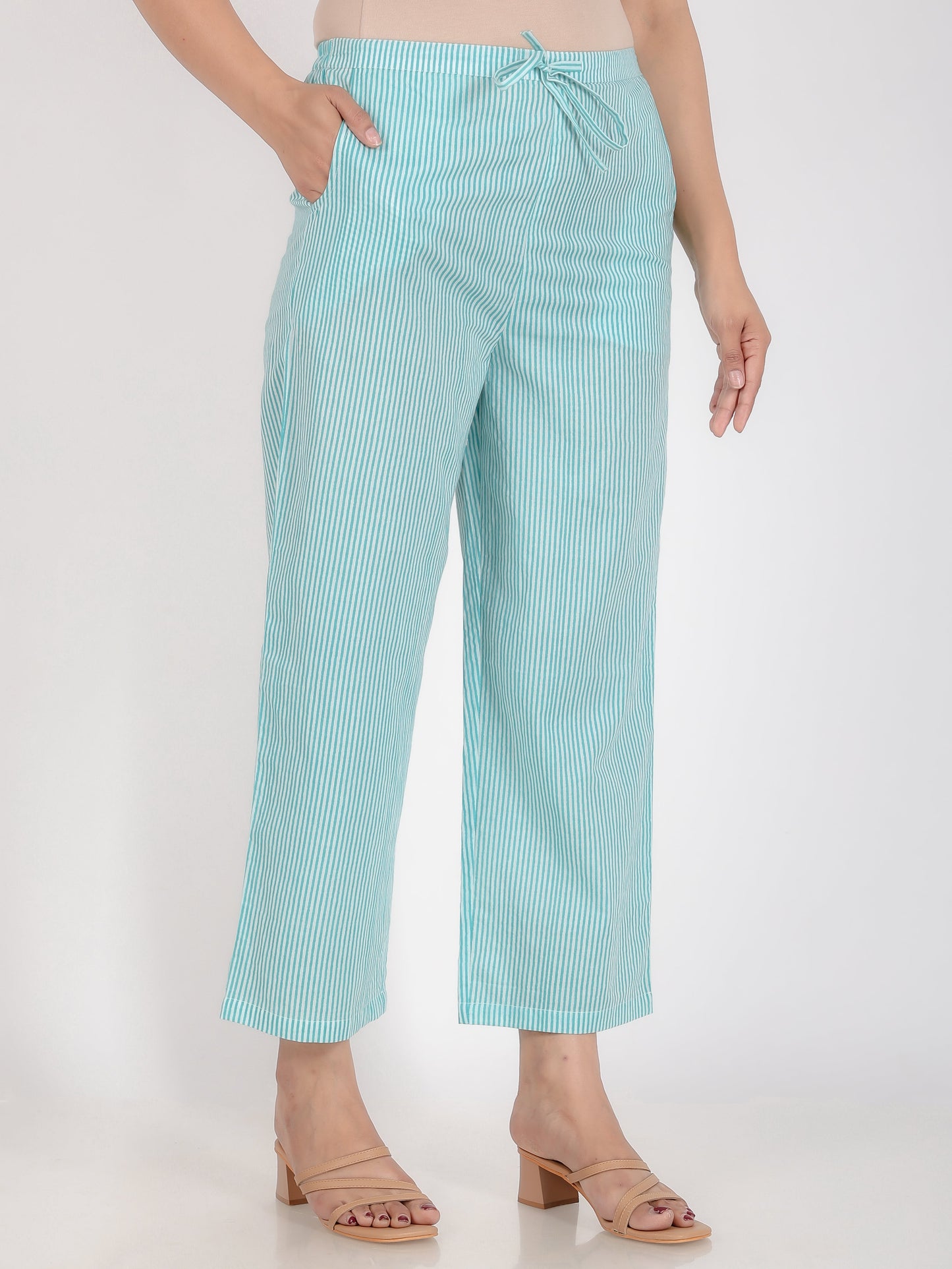 Soft Cotton Striped Green Straight Trousers