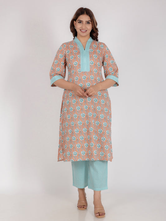 Soft Cotton Floral Straight Orange Kurta